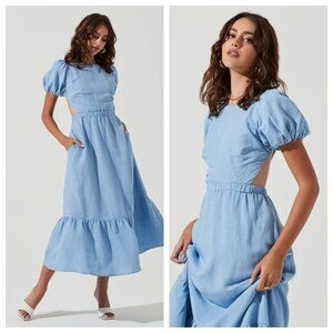 NEW ASTR the Label Light Blue Jelena Puff Sleeve Back Cutout Midi Dress L